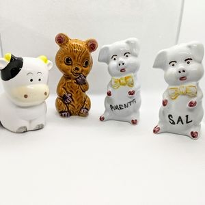 Vintage Pig Bear Salt Pepper Shaker Whimsy Portugal Farm Animal Ceramic Kitchen